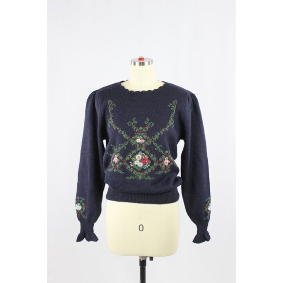 Vintage 90's HERMAN GEIST Navy Blue Knit Hand Embroidered Floral Sweater, Size S - Picture 1 of 12